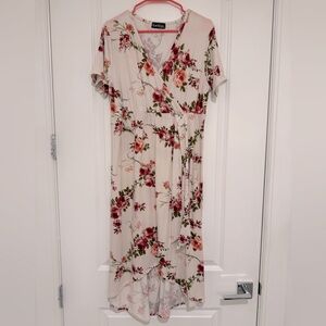 Cream and pink floral faux wrap dress style dress XL
